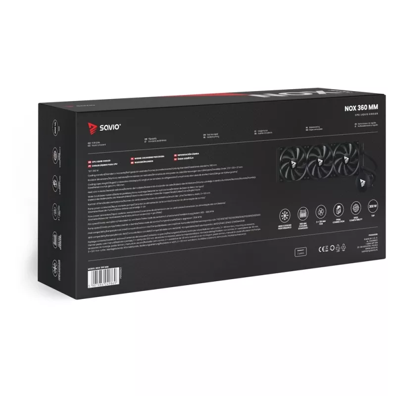 Kit de refrigeração líquida SAVIO NOX 360 mm (3 ventoinhas de 120 mm, base de cobre, radiador de alumínio) preto, 600–1800 rpm