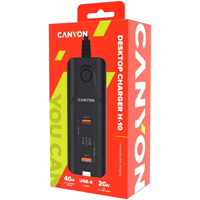 Carregador CANYON H-10 PD 20W QC 3.0 18W 2USB-A 2USB-C de mesa preto