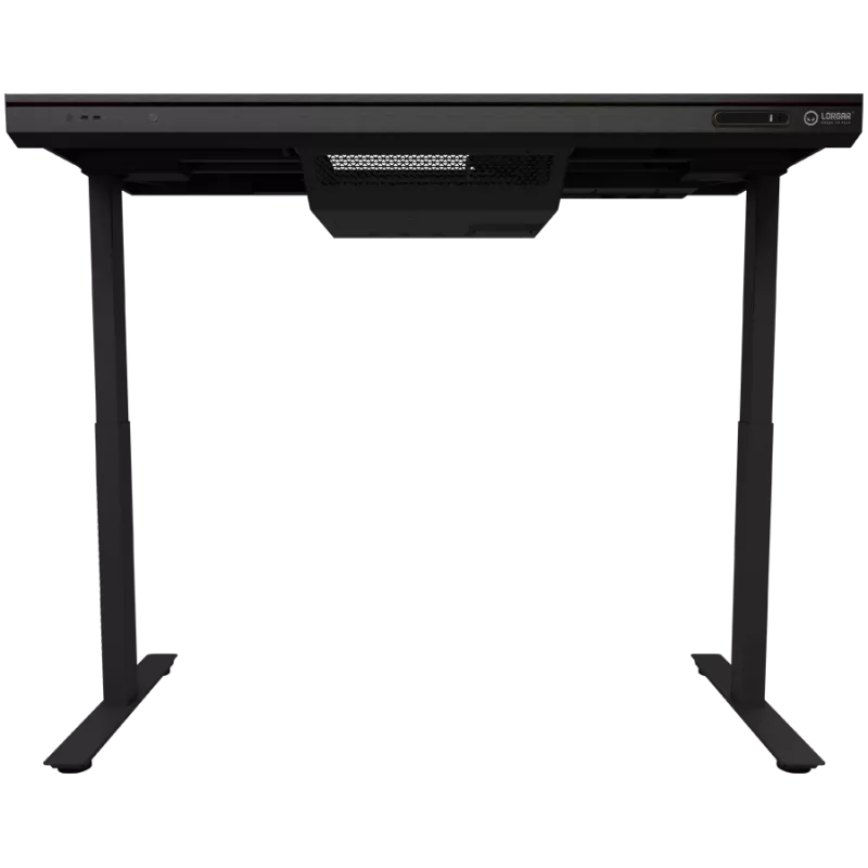 Secretária gaming de altura ajustável com motor duplo, função sentado/em pé, caixa de PC integrada, carregador sem fios, iluminação RGB, painel de controlo e portas USB, tampo em vidro temperado, preto.