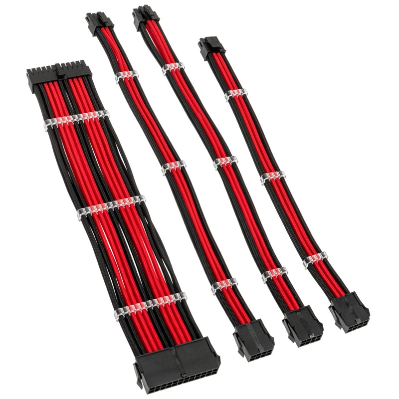 Kit de extensão de cabos trançados Kolink Core Standard – preto profundo / vermelho racing, 24 pinos + 8 pinos + 6+2 pinos + SATA