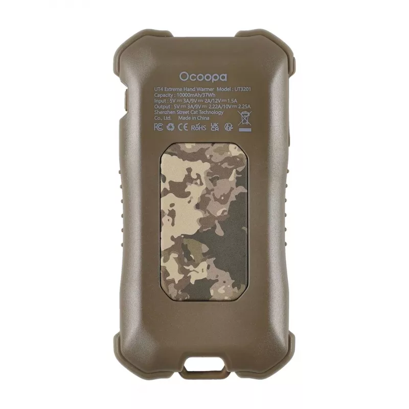 Aquecedor elétrico Ocoopa UT3201 Camouflage — aquecedor cerâmico portátil com powerbank de 10.000 mAh e até 18 horas de funcionamento