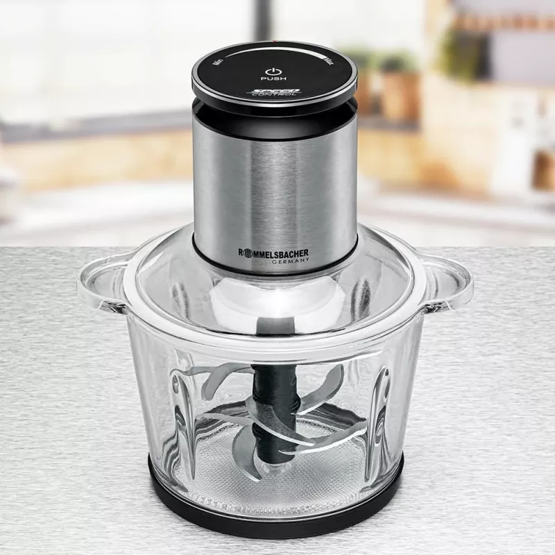 Picadora elétrica Rommelsbacher MZ 800, 800 W, taça de vidro de 2,7 L, 9 lâminas de aço inoxidável, regulação de 22 velocidades, preto aço inoxidável