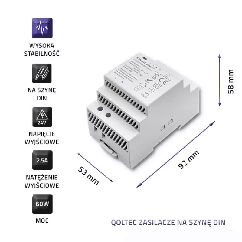 Fonte de alimentação para calha DIN QOLTEC 24V 2.5A 60W cinzento