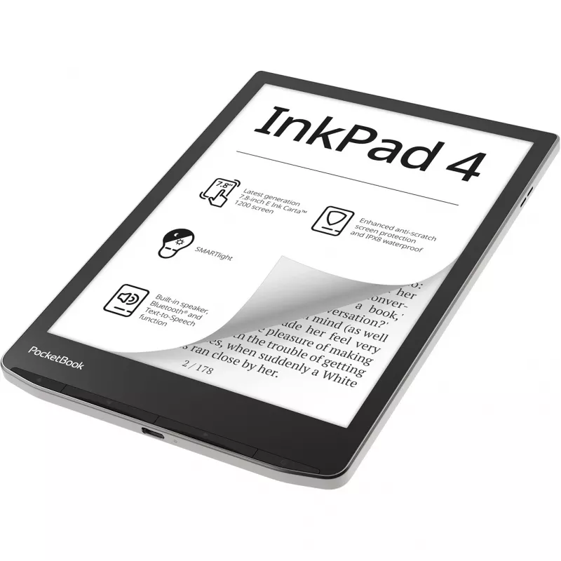 PocketBook InkPad 4 - 19,8 cm (7.8) - E Ink Carta - 1404 x 1872 píxeis - ACSM - AZW - AZW3 - CBR - CBZ - CHM - DOC - DOCX - DjVu - EPUB - EPUB DRM - FB2 - FB2.ZIP - HTM - HTML - MOB