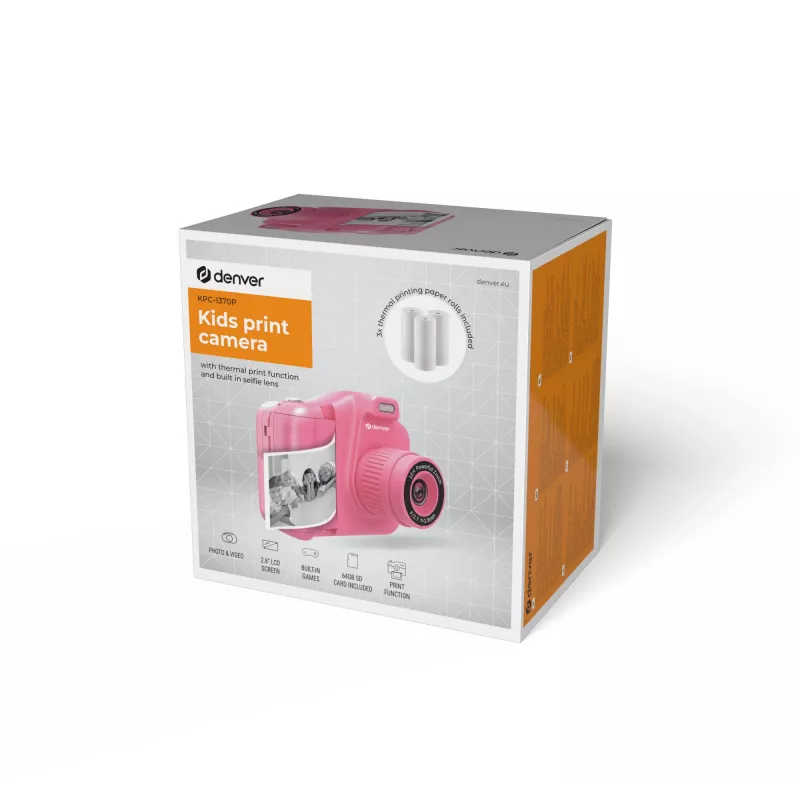 Denver KPC-1370P câmara digital infantil com impressora térmica, LCD de 2,8", rosa