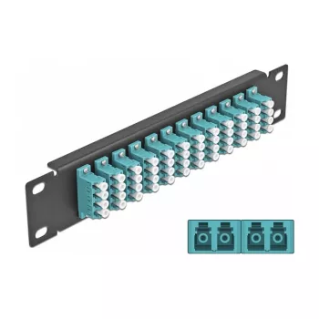 Patch panel de fibra ótica DeLOCK 10 polegadas 12 portas LC quad aqua 1U preto