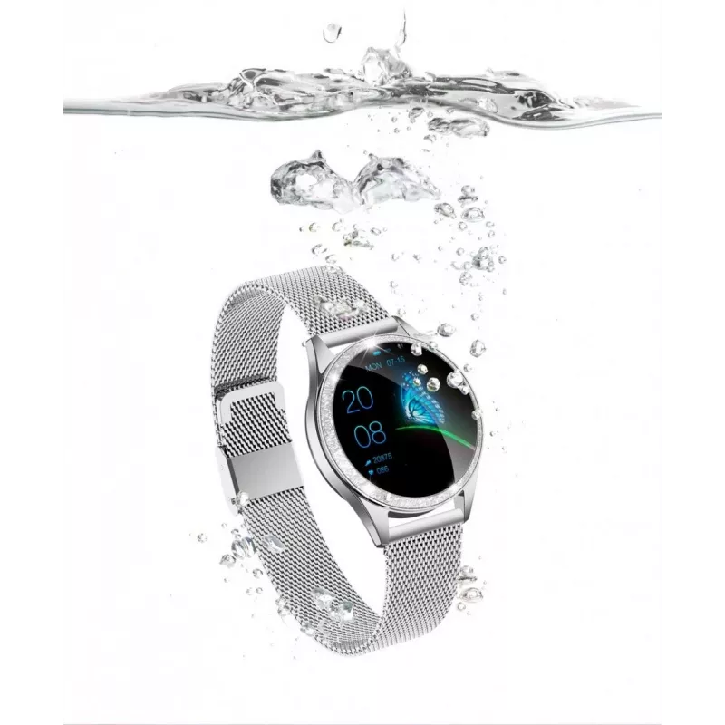 Smartwatch ORO-MED ORO-SMART CRYSTAL SILVER — caixa redonda em metal, LCD 240 × 198, ecrã de 1,04 polegadas, Bluetooth 4.0, à prova de água, bateria de 120 mAh