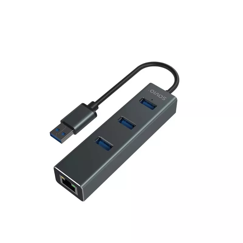 Hub USB-A SAVIO com RJ-45 Gigabit Ethernet AK-57 — 3× USB-A + RJ-45, USB 3.2 Gen 1 Micro‑B host, 5 Gbit/s, 4 portas, cinzento