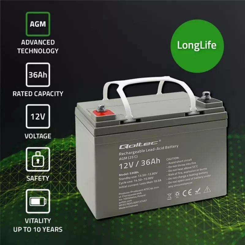 Bateria UPS AGM selada QOLTEC 53084 12V 36Ah LongLife