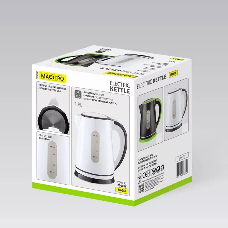 Chaleira elétrica Maestro MR-058-WHITE 1,8 L, 2000 W, sem fios, filtro removível
