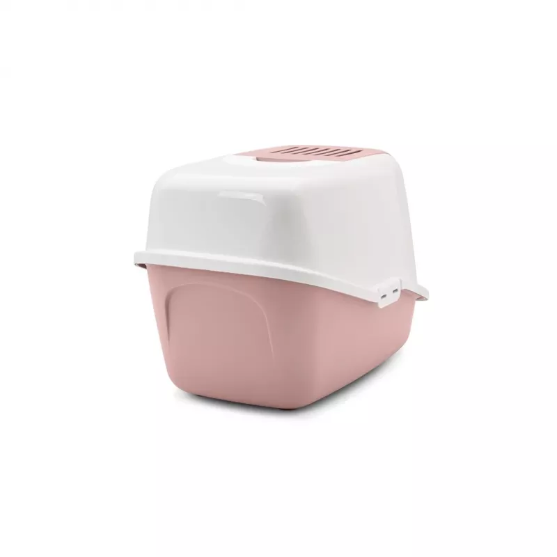 Caixa de areia para gatos com tampa Savic Nestor branco-rosa, bandeja fechada com tampa, 56×39×38,5 cm