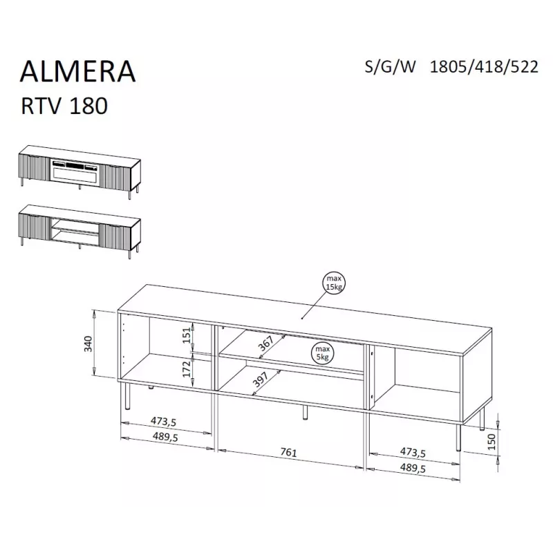 Móvel de TV Cama ALMERA 180,5×42×52,5 cm nogueira/cashmere – superfície em aglomerado, moldura nogueira