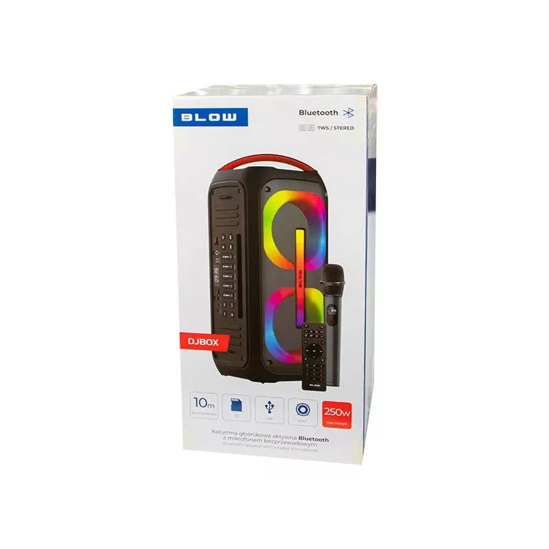 BLOW DJBOX 30-392# coluna Bluetooth 250 W com telecomando e microfone, USB, microSD, AUX, TWS, bateria integrada, preta