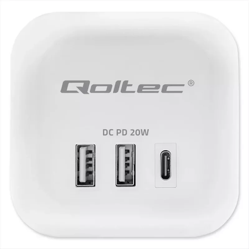 Régua de tomadas QOLTEC 52548 com 3 tomadas AC e porta USB