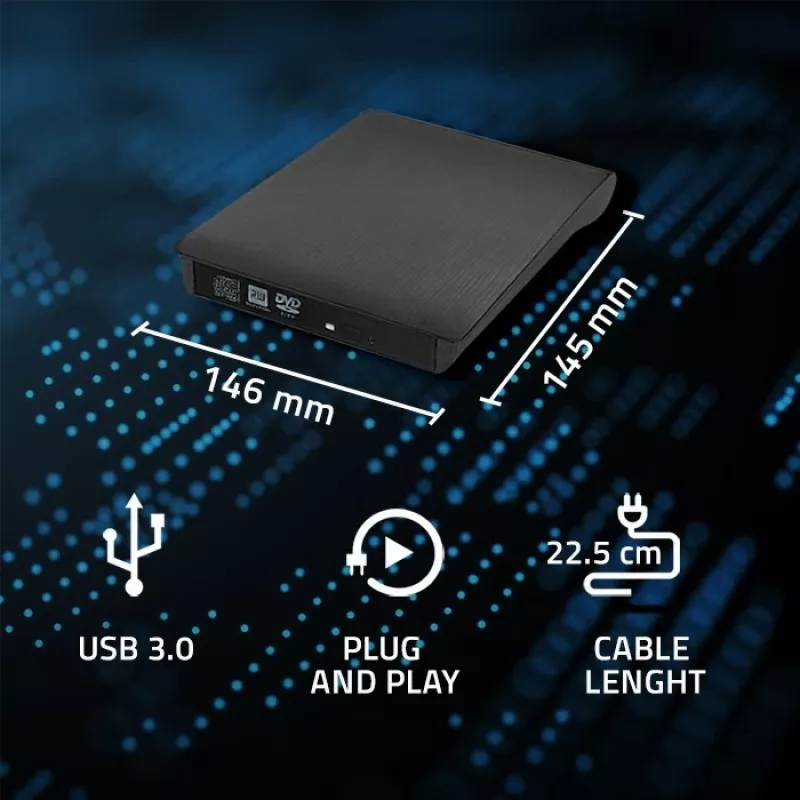 Unidade externa DVD-RW QOLTEC 51857 — USB 3.0, interface SATA, DVD±R 8x, DVD±RW 4x, DVD-RAM 5x, CD 24x, preto