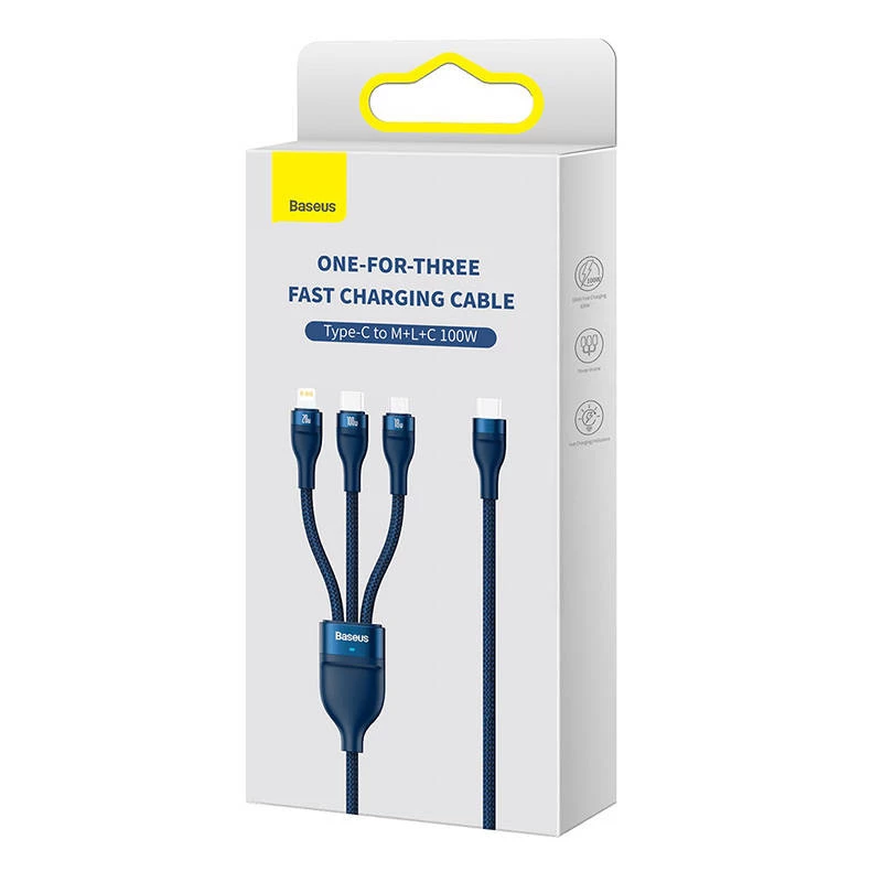 Cabo USB 3em1 Baseus Flash Series 2, USB-C + Micro-USB + Lightning, 100 W, 1,5 m (azul)