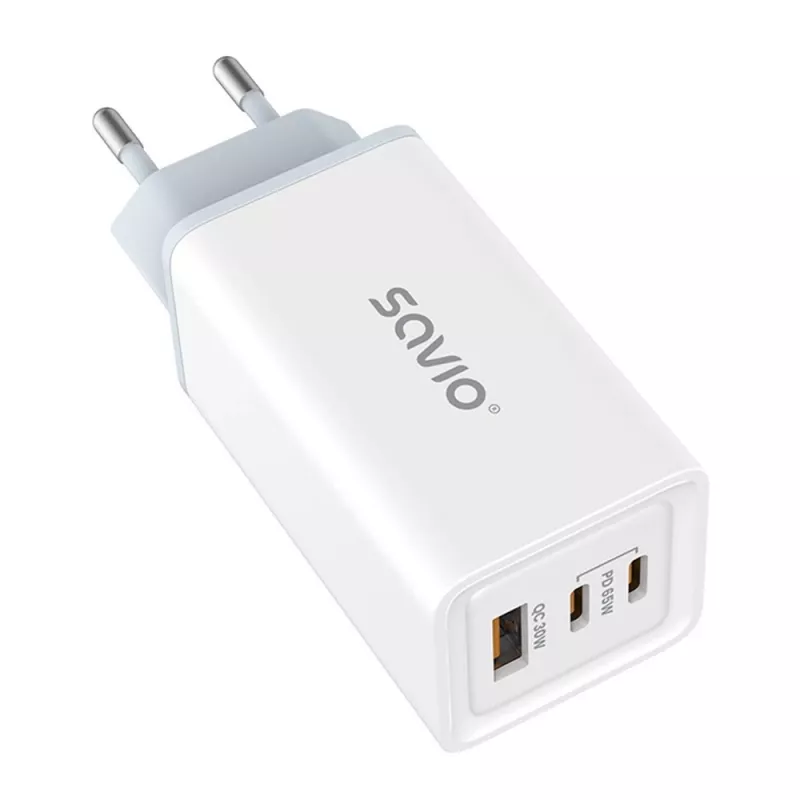 Fonte de alimentação SAVIO LA-07 GaN 65W, USB, QC4.0+, PD 3.0, branca