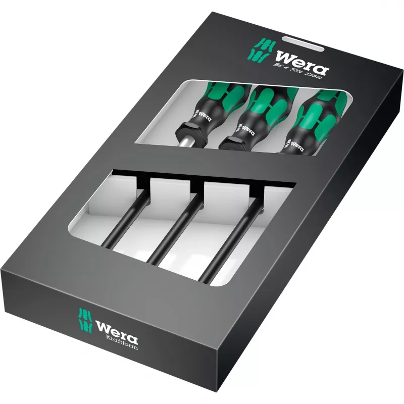 391/3 Conjunto de chaves de fendas para abraçadeiras de mangueira preto/verde, 3 peças, com haste flexível