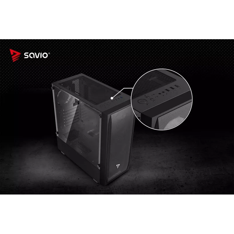 Caixa de PC SAVIO Noctis Flow — Cube Mini-ITX/Micro-ATX/ATX, 3x120 mm à frente, 1x120 mm atrás, 2x3,5 polegadas + 3x2,5 polegadas baías, vidro temperado