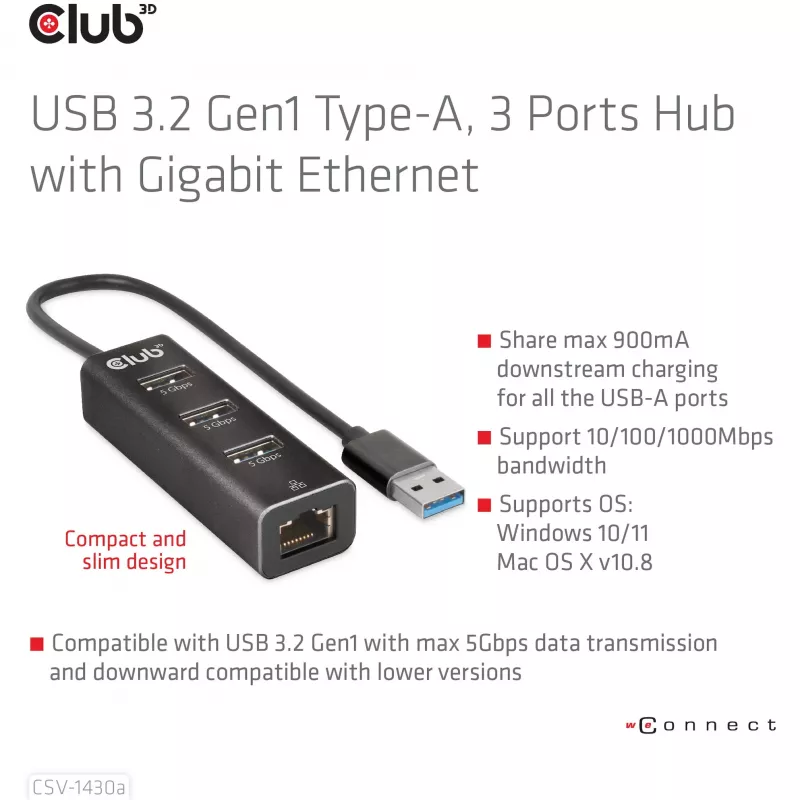 Hub USB CLUB3D USB 3.2 Gen1 Type-A com 3 portas e Gigabit Ethernet