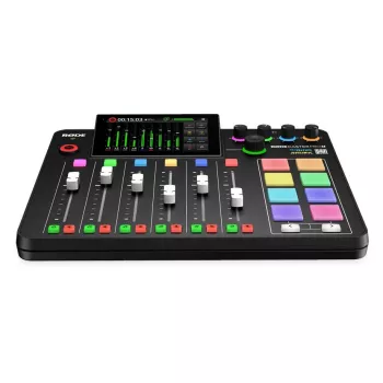 Controlador de estúdio RØDE Caster Pro II preto — 4 XLR/TRS combo, 4 saídas de auscultadores, 8 pads, ecrã tátil, Wi‑Fi, Bluetooth, USB‑C