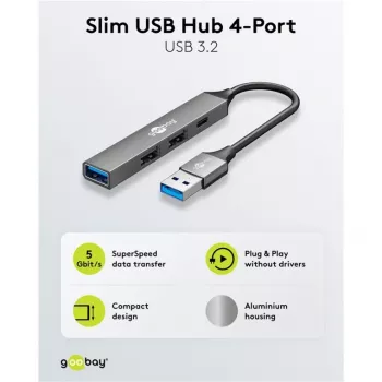 Hub USB Goobay Slim 4 portas, USB-A para USB-C™/USB-A, USB 3.2 (74458)