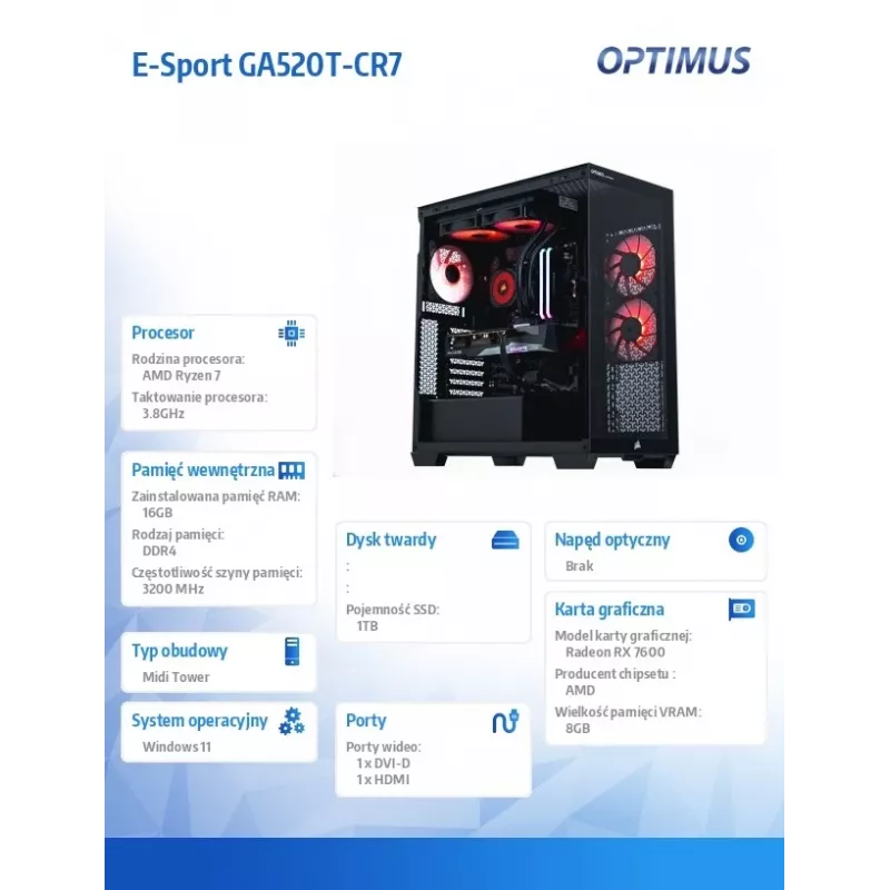 OPTIMUS E-Sport GB550T-CR5 PC, Ryzen 7 5800X, 16 GB, 1 TB, Radeon RX 7600 GAMING OC 8G, Windows