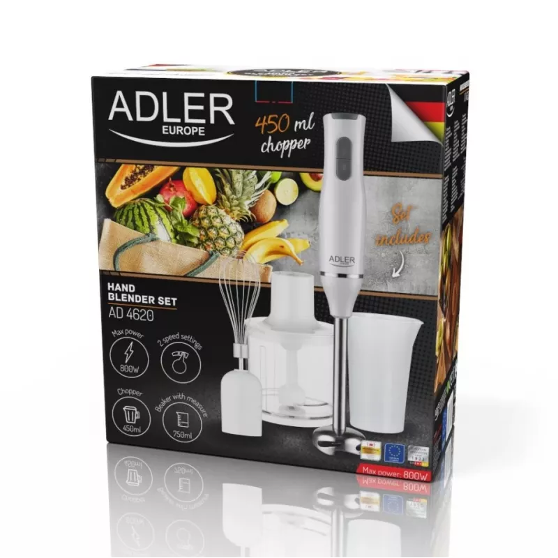 Adler AD 4620 conjunto de varinha mágica, 800 W, 2 velocidades, picador de 450 ml, copo de 750 ml, batedor, branco