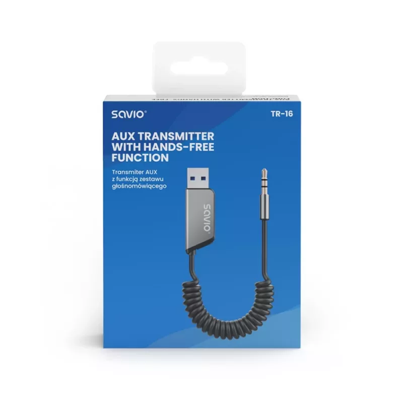 Savio TR-16 transmissor adaptador AUX com função mãos-livres, Bluetooth 5.3, Google Assistant/Siri