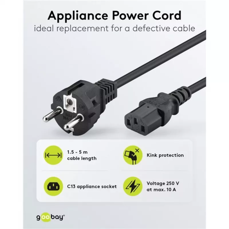 Cabo IEC Goobay 5 m preto ficha de rede tipo F IEC C13 H05VV-F3G