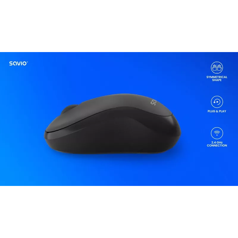 Savio MB-03 rato ótico sem fios, recetor USB de 2,4 GHz, 1000 DPI, 3 botões, pilha AA, 99x60x39 mm, 51 g, preto