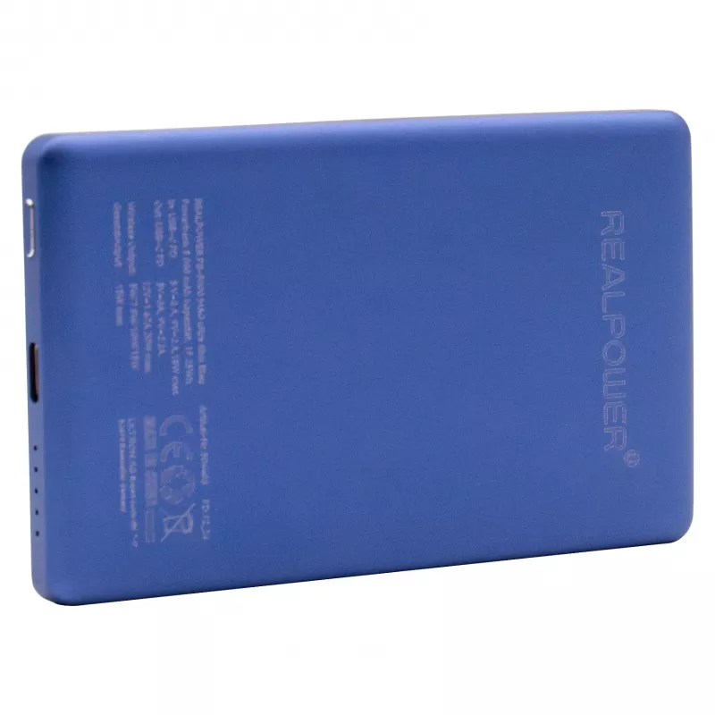 RealPower PB-5000 MAG power bank 5000 mAh, carregamento sem fios compatível com MagSafe, USB-C, 20 W, ultrafino, azul
