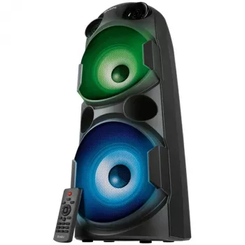 SVEN PS-750 2x40W; Display LED; TWS; Rádio FM; AUX; Suporte USB/cartões SD; Iluminação; Entrada de microfone (Karaoke); Telecomando; Equalizador integrado