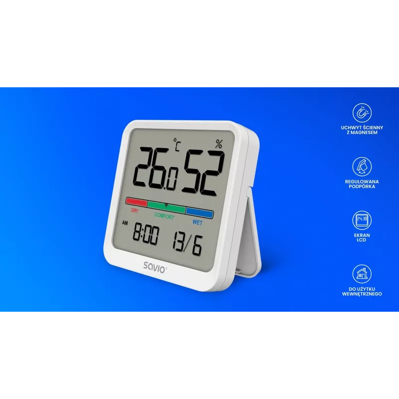 Sensor de temperatura e humidade interior SAVIO CT-01/W, ecrã LCD, -10–55 °C, 10–99 % HR, pilha CR2032