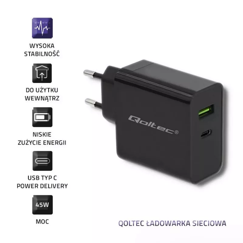 Fonte de alimentação QOLTEC 51717 45W 20V 3A carregador AC para interiores para smartwatch, preto
