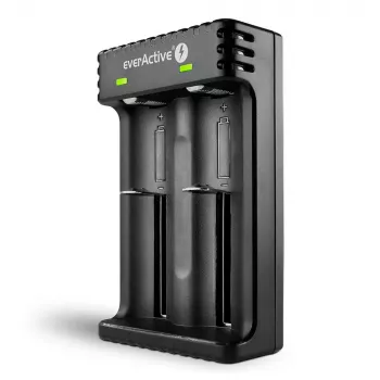 Carregador de pilhas everActive LC200 doméstico USB, 2 compartimentos, Li-Ion, compatível com A/AA/AAA/AAAA/C/D, entrada 5 V, saída 4,2 V, preto