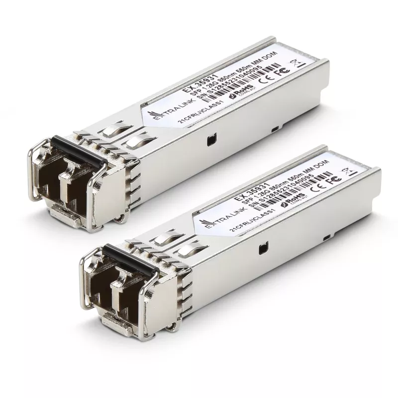 Módulo SFP Extralink SFP 1.25G pack de 2, 1,25 Gbit/s, LC/UPC, 850 nm, 550 m, multimodo, DOM, para HP/Aruba