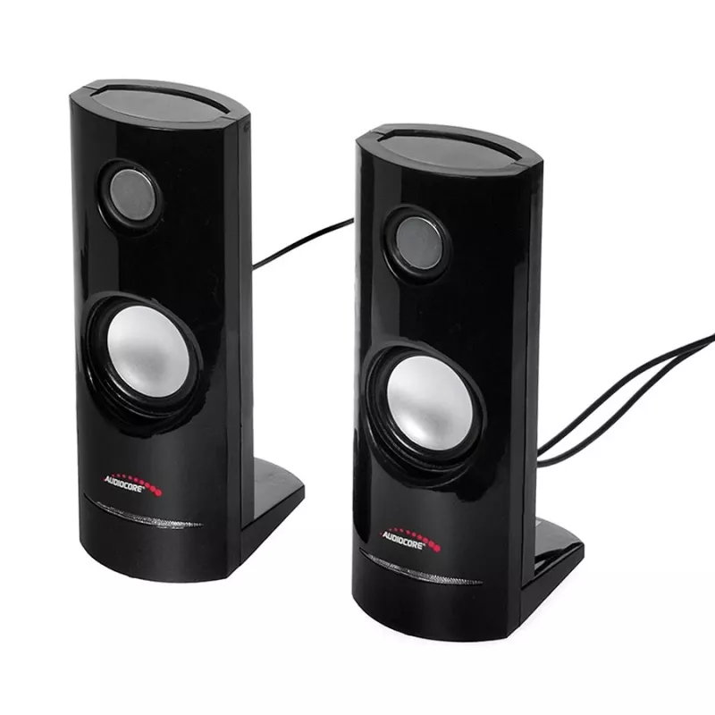 Altifalantes para PC com fios 2 vias Audiocore AC860, 2.0 canais, 4 W RMS, alimentação USB, entrada de 3,5 mm, preto