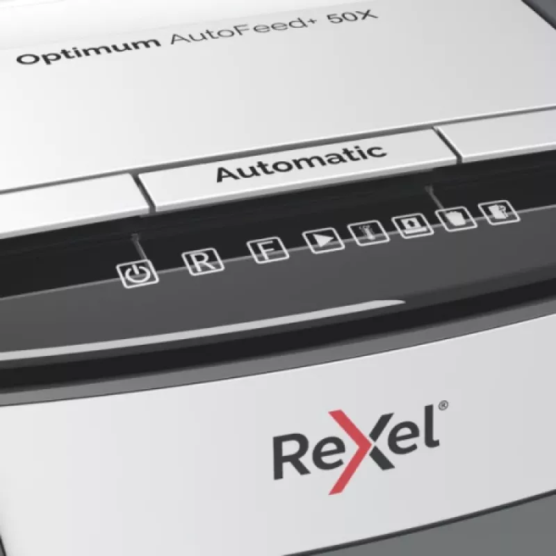 Destruidora de documentos Rexel Optimum AutoFeed+ 50X com alimentação automática, corte em partículas, P4