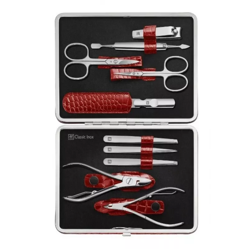 Zwilling Classic conjunto de manicura em aço inoxidável – estojo de couro, 10 peças - vermelho