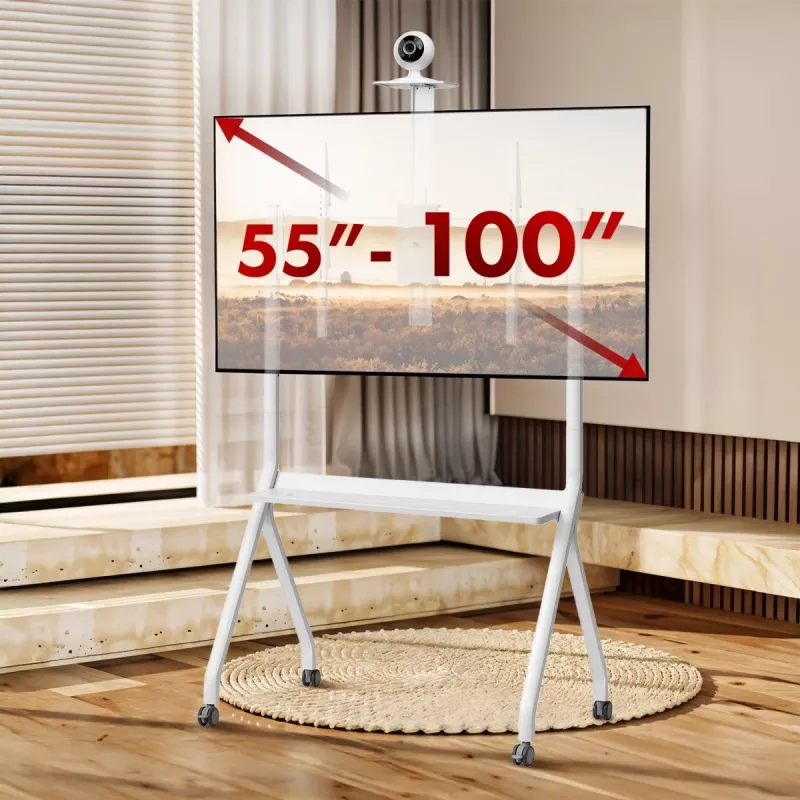 Suporte de TV de chão MACLEAN MC-114 W para ecrãs 55-100 polegadas, branco, VESA até 900x600, carga máxima 120 kg, altura 115–152 cm, prateleira