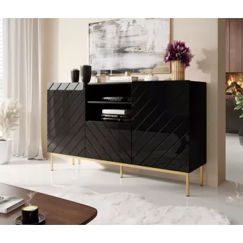 Cómoda ABETO sobre estrutura de aço dourada 150x42x90 preto/preto brilhante