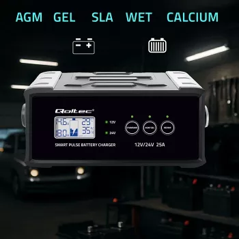 Carregador de bateria QOLTEC 52514 — 12V/24V, 25A, para baterias AGM/GEL/SLA com visor LCD