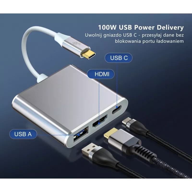 Adaptador-Hub USB-C TB AKTBXVAU3HMPDAV — 3-em-1: HDMI + USB-A + USB-C PD, Prateado