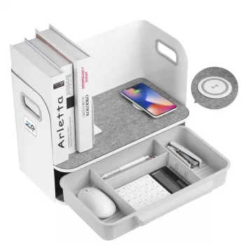 Organizador de secretária com gaveta e carregador sem fios Ergo Office, branco, máx. 10kg, ER-441