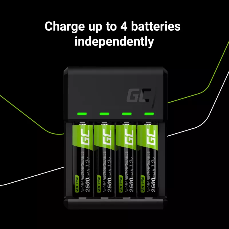Carregador de pilhas Green Cell GC VitalCharger USB, 4 slots, AA/AAA, alimentado por USB, preto