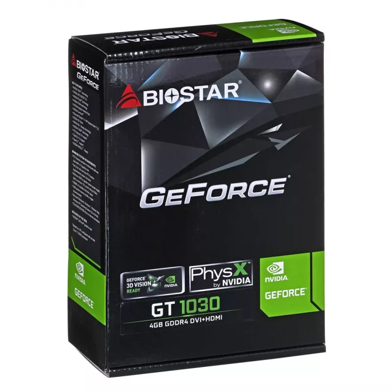 Placa gráfica BIOSTAR GeForce GT 1030 — 4 GB GDDR4, 64-bit, PCIe x16 4.0, refrigeração ativa, DVI-D + HDMI