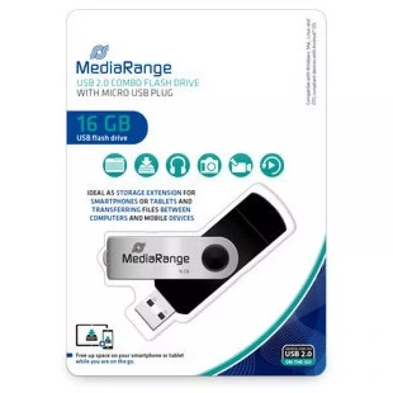 MEDIARANGE MR931-2 - 16 GB - USB Type-A / Micro-USB - 2.0 - 15 MB/s - Anel rotativo - Prateado - Preto