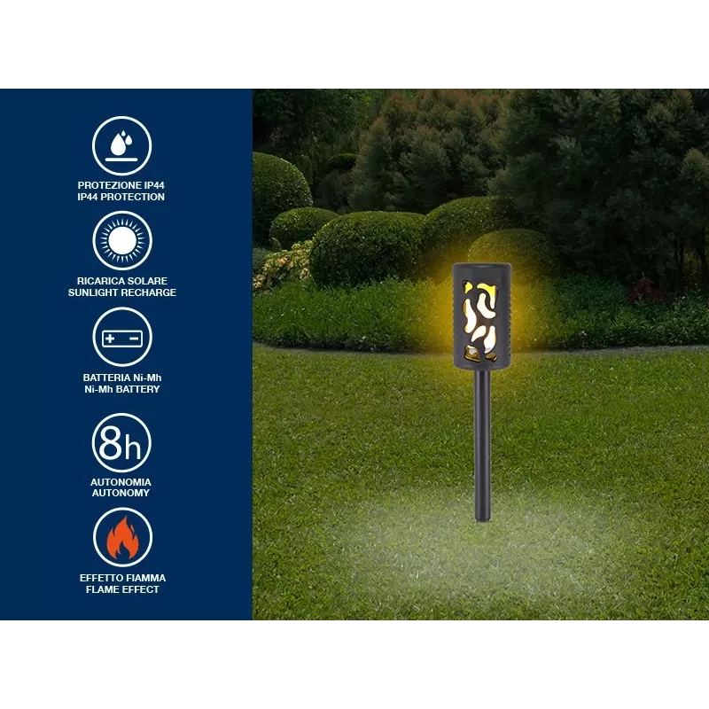 Beper P207ILO101 candeeiro solar de jardim com estaca, 12 LED efeito chama, IP44, preto