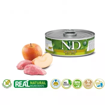 Comida húmida para gatos Farmina N&D Prime Boar & Apple saco 70 g — gatos adultos, 13% proteína, 75% humidade, sem glúten